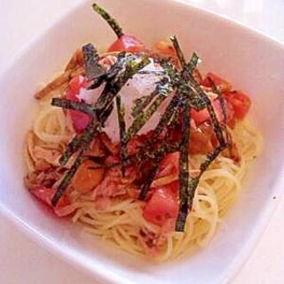 のどごし最高♪なめことトマトの冷製パスタ